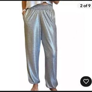 Anthropologie Melora Silver Metallic Jogger Pants Womens Small Pull On Stretch